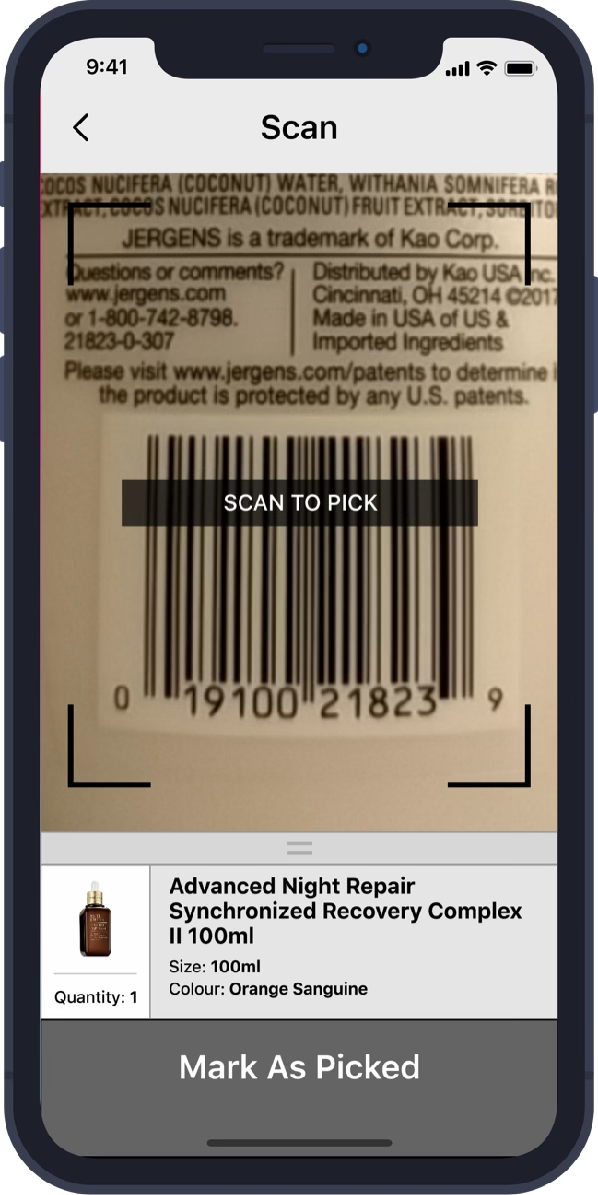 DFS pick-pack app — UPC barcode scan